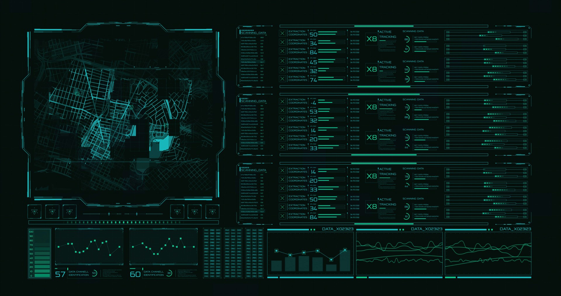 A computer futuristic digital software interface with a motion control system and a navigation system. A digital map obtained from an orbiting satellite is visualized on the main screen.